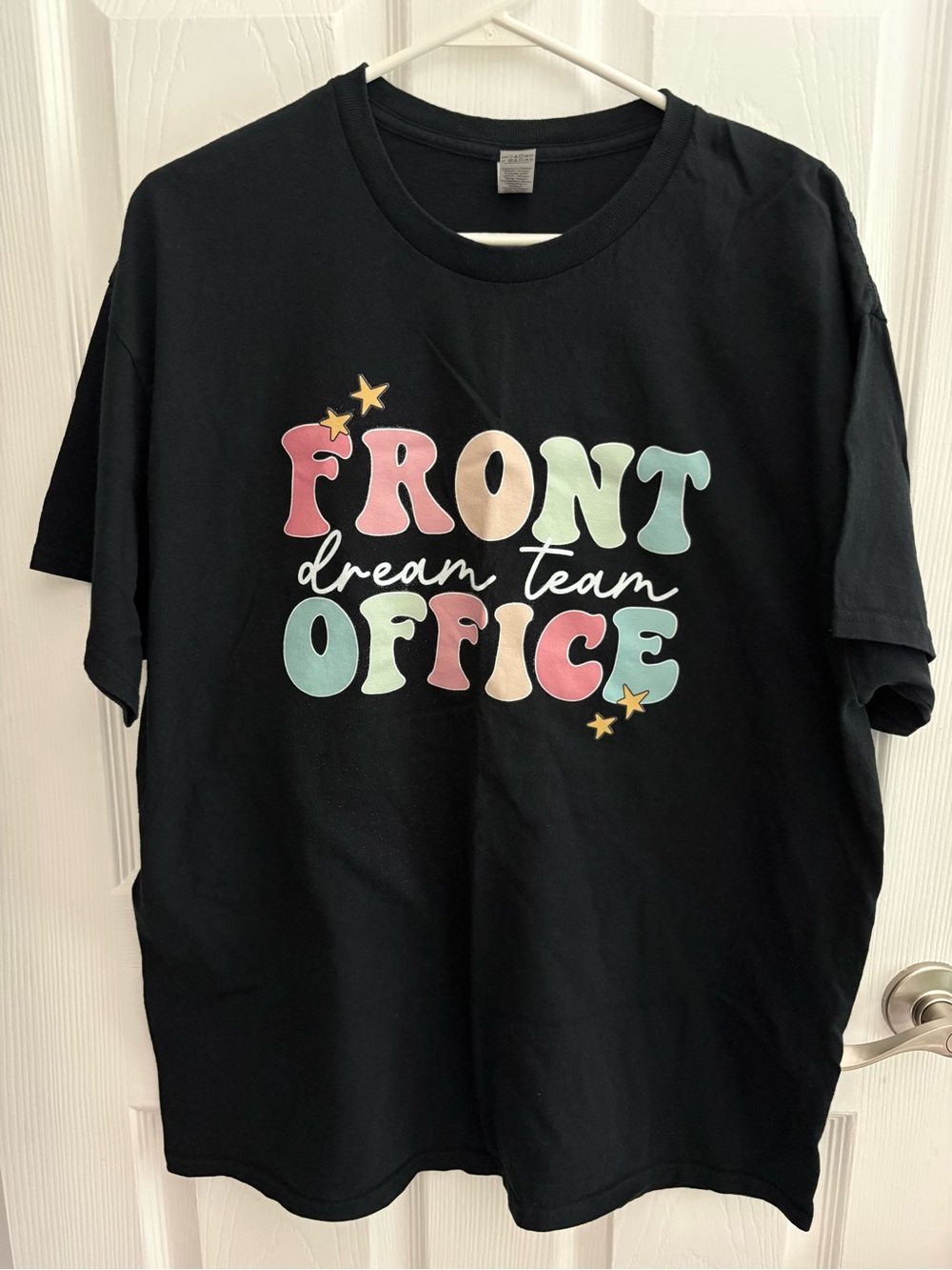 Gildan Black Tee with Pastel Multicolor "Front Dream Team Office" Graphic